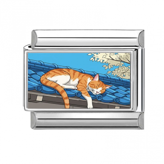 Picture of 1 Piece 304 Stainless Steel Italian Charm Links For DIY Modular Bracelet Watch Jewelry Making Wholesale Silver Tone Multicolor Rectangle Cat 10mm x 9mm
