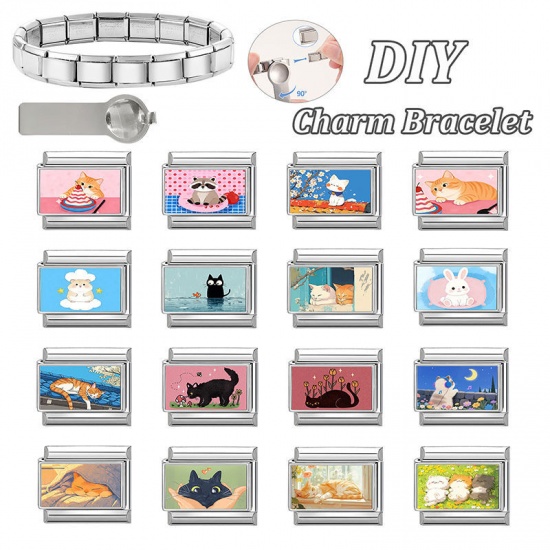 Picture of 1 Piece 304 Stainless Steel Italian Charm Links For DIY Modular Bracelet Watch Jewelry Making Wholesale Silver Tone Multicolor Rectangle Cat 10mm x 9mm