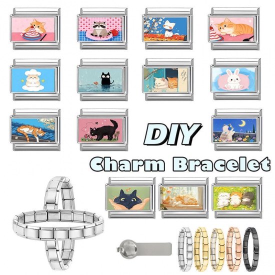 Picture of 1 Piece 304 Stainless Steel Italian Charm Links For DIY Modular Bracelet Watch Jewelry Making Wholesale Silver Tone Multicolor Rectangle Cat 10mm x 9mm