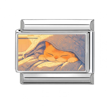 Picture of 1 Piece 304 Stainless Steel Italian Charm Links For DIY Modular Bracelet Watch Jewelry Making Wholesale Silver Tone Yellow Rectangle Cat 10mm x 9mm