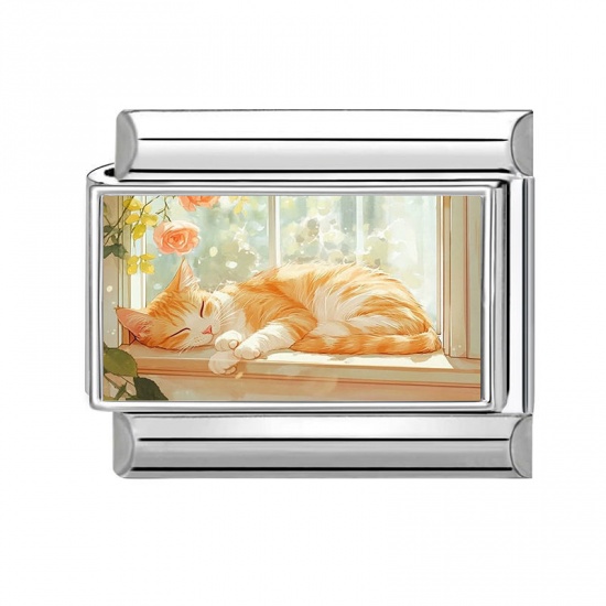Picture of 1 Piece 304 Stainless Steel Italian Charm Links For DIY Modular Bracelet Watch Jewelry Making Wholesale Silver Tone Yellow Rectangle Cat 10mm x 9mm
