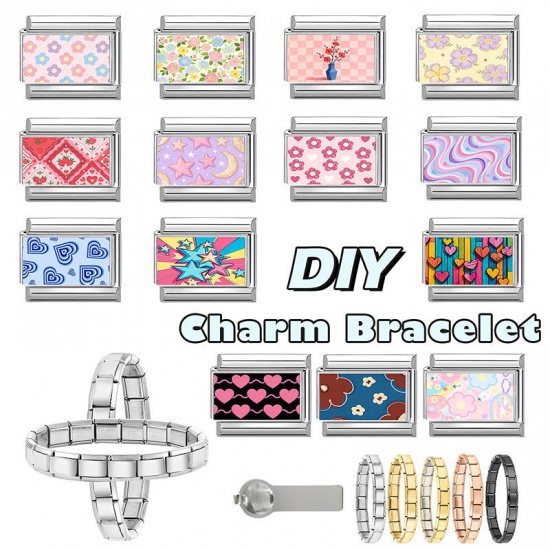1 個 304ステンレス鋼 バレンタイン・デー イタリアンチャームリンク DIY モジュラーブレスレット・時計用 卸売り シルバートーン ピンク 長方形 ハート 10mmx 9mm、 の画像
