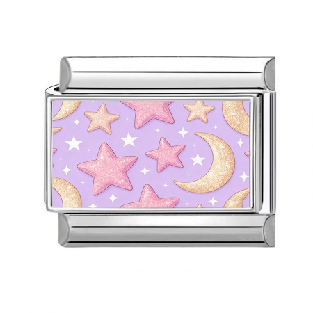 Picture of 1 Piece 304 Stainless Steel Italian Charm Links For DIY Modular Bracelet Watch Jewelry Making Wholesale Silver Tone Pink Rectangle Moon 10mm x 9mm