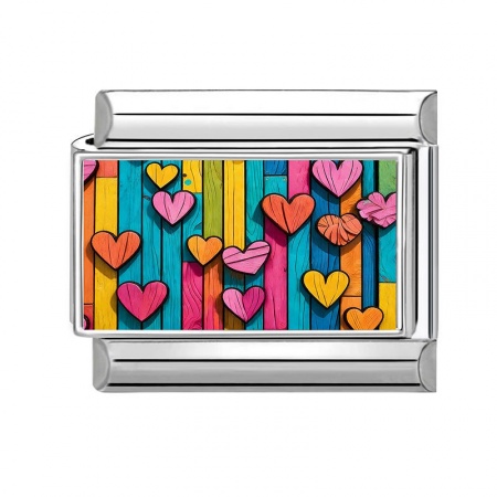 Picture of 1 Piece 304 Stainless Steel Valentine's Day Italian Charm Links For DIY Modular Bracelet Watch Jewelry Making Wholesale Silver Tone Multicolor Rectangle Heart 10mm x 9mm