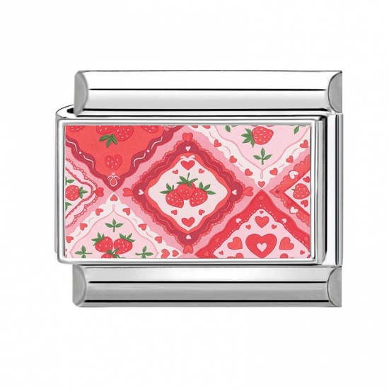 Picture of 1 Piece 304 Stainless Steel Italian Charm Links For DIY Modular Bracelet Watch Jewelry Making Wholesale Silver Tone Red Rectangle Strawberry Fruit 10mm x 9mm