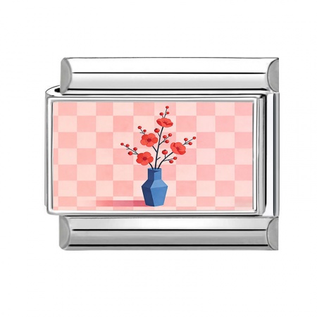 Picture of 1 Piece 304 Stainless Steel Italian Charm Links For DIY Modular Bracelet Watch Jewelry Making Wholesale Silver Tone Red Rectangle Flower 10mm x 9mm