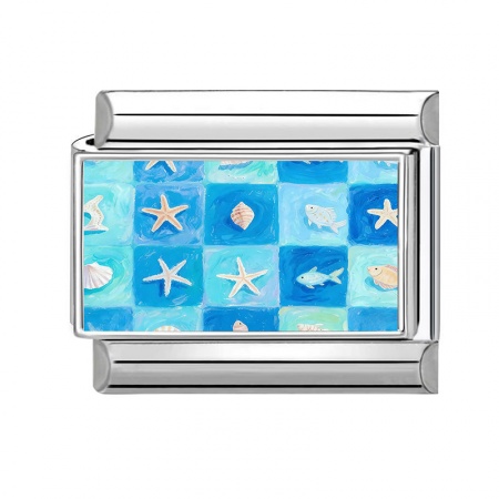Picture of 1 Piece 304 Stainless Steel Italian Charm Links For DIY Modular Bracelet Watch Jewelry Making Wholesale Silver Tone Blue Rectangle Star Fish 10mm x 9mm