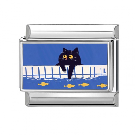 Picture of 1 Piece 304 Stainless Steel Italian Charm Links For DIY Modular Bracelet Watch Jewelry Making Wholesale Silver Tone Black Rectangle Cat 10mm x 9mm