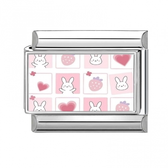 Picture of 1 Piece 304 Stainless Steel Italian Charm Links For DIY Modular Bracelet Watch Jewelry Making Wholesale Silver Tone White Rectangle Rabbit 10mm x 9mm
