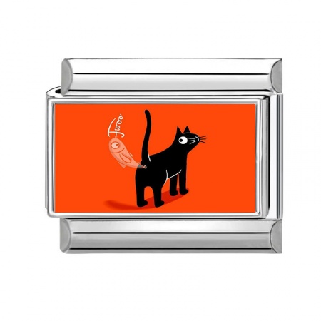 Picture of 1 Piece 304 Stainless Steel Italian Charm Links For DIY Modular Bracelet Watch Jewelry Making Wholesale Silver Tone Black Rectangle Cat 10mm x 9mm