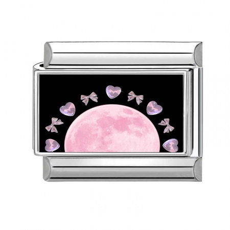 Picture of 1 Piece 304 Stainless Steel Italian Charm Links For DIY Modular Bracelet Watch Jewelry Making Wholesale Silver Tone Pink Rectangle Moon 10mm x 9mm