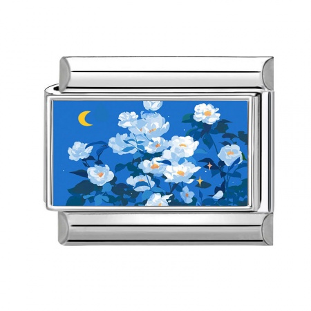 Picture of 1 Piece 304 Stainless Steel Italian Charm Links For DIY Modular Bracelet Watch Jewelry Making Wholesale Silver Tone Blue Rectangle Flower 10mm x 9mm