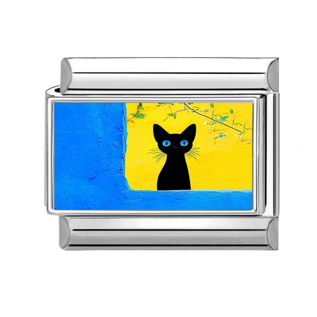 Picture of 1 Piece 304 Stainless Steel Italian Charm Links For DIY Modular Bracelet Watch Jewelry Making Wholesale Silver Tone Black Rectangle Cat 10mm x 9mm