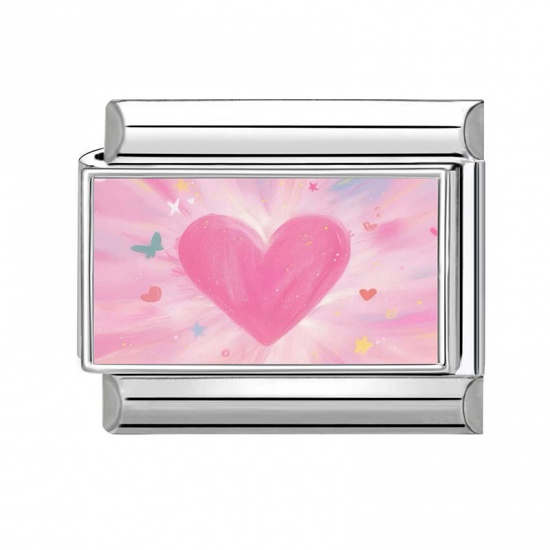 Picture of 1 Piece 304 Stainless Steel Italian Charm Links For DIY Modular Bracelet Watch Jewelry Making Wholesale Silver Tone Pink Rectangle Heart 10mm x 9mm