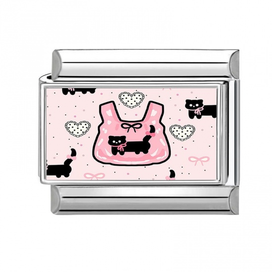 Picture of 1 Piece 304 Stainless Steel Italian Charm Links For DIY Modular Bracelet Watch Jewelry Making Wholesale Silver Tone Pink Rectangle Skirt 10mm x 9mm
