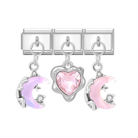 Picture of 1 Set ( 3 PCs/Set) 304 Stainless Steel & Zinc Based Alloy Valentine's Day Italian Charm Links For DIY Modular Bracelet Watch Jewelry Making Wholesale Silver Tone Pink Heart 10mm x 9mm