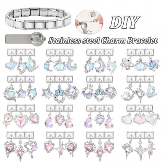 1 セット ( 3 個/セット) 304ステンレス鋼+亜鉛合金 バレンタイン・デー イタリアンチャームリンク DIY モジュラーブレスレット・時計用 卸売り シルバートーン ピンク ハート 10mmx 9mm、 の画像