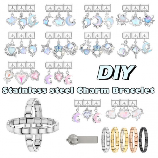 1 セット ( 3 個/セット) 304ステンレス鋼+亜鉛合金 バレンタイン・デー イタリアンチャームリンク DIY モジュラーブレスレット・時計用 卸売り シルバートーン ピンク ハート 10mmx 9mm、 の画像