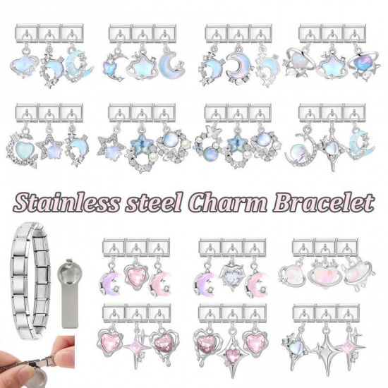 1 セット ( 3 個/セット) 304ステンレス鋼+亜鉛合金 バレンタイン・デー イタリアンチャームリンク DIY モジュラーブレスレット・時計用 卸売り シルバートーン ピンク ハート 10mmx 9mm、 の画像