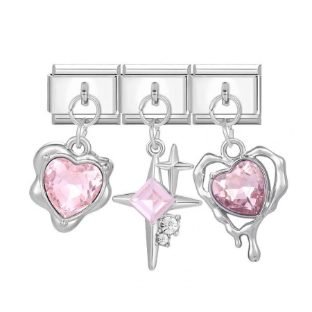 Picture of 1 Set ( 3 PCs/Set) 304 Stainless Steel & Zinc Based Alloy Valentine's Day Italian Charm Links For DIY Modular Bracelet Watch Jewelry Making Wholesale Silver Tone Pink Heart 10mm x 9mm