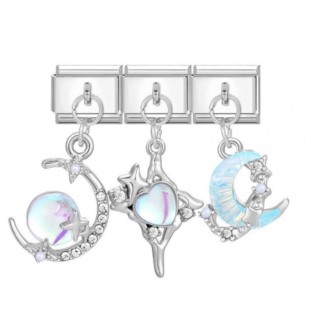 Picture of 1 Set ( 3 PCs/Set) 304 Stainless Steel & Zinc Based Alloy Galaxy Italian Charm Links For DIY Modular Bracelet Watch Jewelry Making Wholesale Silver Tone AB Color Half Moon 10mm x 9mm