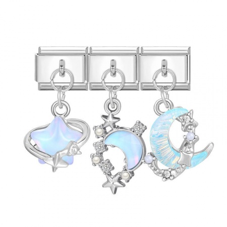 Picture of 1 Set ( 3 PCs/Set) 304 Stainless Steel & Zinc Based Alloy Galaxy Italian Charm Links For DIY Modular Bracelet Watch Jewelry Making Wholesale Silver Tone AB Color Half Moon 10mm x 9mm