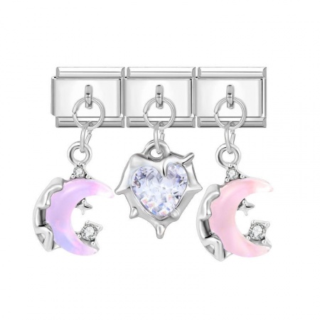 Picture of 1 Set ( 3 PCs/Set) 304 Stainless Steel & Zinc Based Alloy Galaxy Italian Charm Links For DIY Modular Bracelet Watch Jewelry Making Wholesale Silver Tone Pink Half Moon 10mm x 9mm