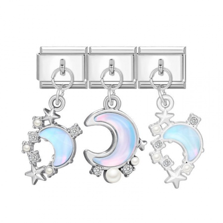 Picture of 1 Set ( 3 PCs/Set) 304 Stainless Steel & Zinc Based Alloy Galaxy Italian Charm Links For DIY Modular Bracelet Watch Jewelry Making Wholesale Silver Tone AB Color Half Moon 10mm x 9mm