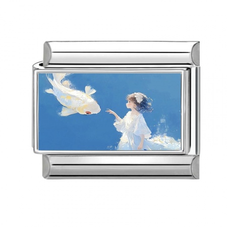 Picture of 1 Piece 304 Stainless Steel Italian Charm Links For DIY Modular Bracelet Watch Jewelry Making Wholesale Silver Tone Blue Rectangle Dolphin 10mm x 9mm