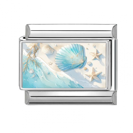 Picture of 1 Piece 304 Stainless Steel Italian Charm Links For DIY Modular Bracelet Watch Jewelry Making Wholesale Silver Tone Blue Rectangle Shell 10mm x 9mm