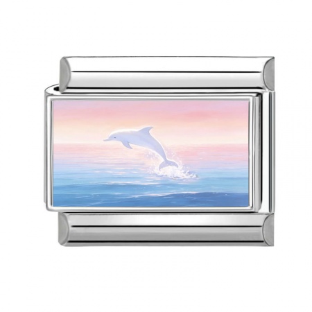 Picture of 1 Piece 304 Stainless Steel Italian Charm Links For DIY Modular Bracelet Watch Jewelry Making Wholesale Silver Tone Blue Rectangle Dolphin 10mm x 9mm