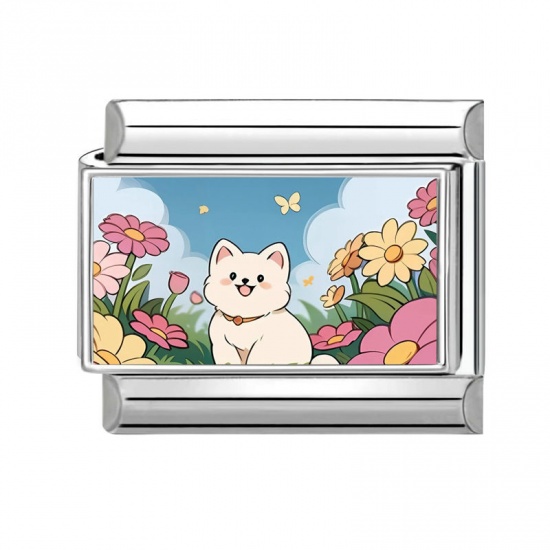 Picture of 1 Piece 304 Stainless Steel Italian Charm Links For DIY Modular Bracelet Watch Jewelry Making Wholesale Silver Tone White Rectangle Dog 10mm x 9mm