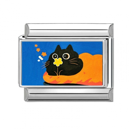 Picture of 1 Piece 304 Stainless Steel Italian Charm Links For DIY Modular Bracelet Watch Jewelry Making Wholesale Silver Tone Black Rectangle Cat 10mm x 9mm