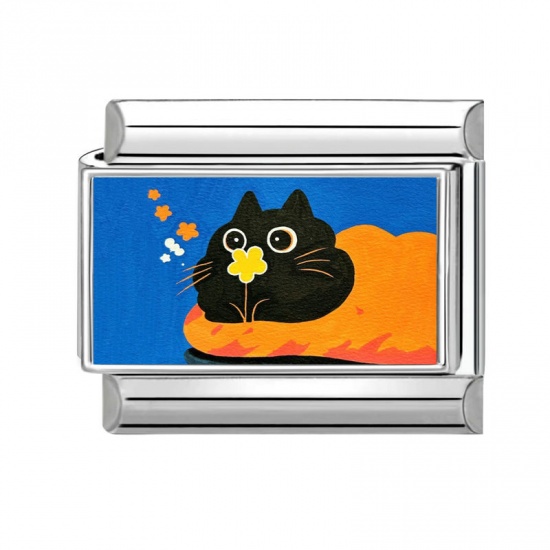 Picture of 1 Piece 304 Stainless Steel Italian Charm Links For DIY Modular Bracelet Watch Jewelry Making Wholesale Silver Tone Black Rectangle Cat 10mm x 9mm