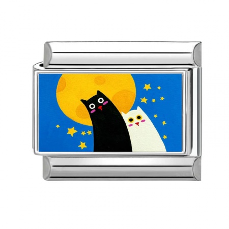 Picture of 1 Piece 304 Stainless Steel Italian Charm Links For DIY Modular Bracelet Watch Jewelry Making Wholesale Silver Tone Black Rectangle Cat 10mm x 9mm