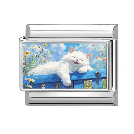 Picture of 1 Piece 304 Stainless Steel Italian Charm Links For DIY Modular Bracelet Watch Jewelry Making Wholesale Silver Tone White Rectangle Cat 10mm x 9mm