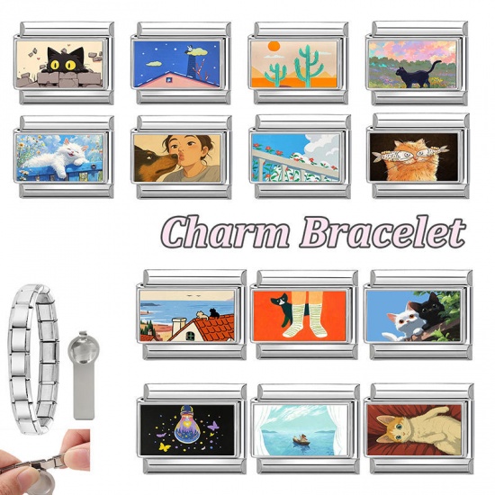 Picture of 1 Piece 304 Stainless Steel Italian Charm Links For DIY Modular Bracelet Watch Jewelry Making Wholesale Silver Tone White Rectangle Cat 10mm x 9mm
