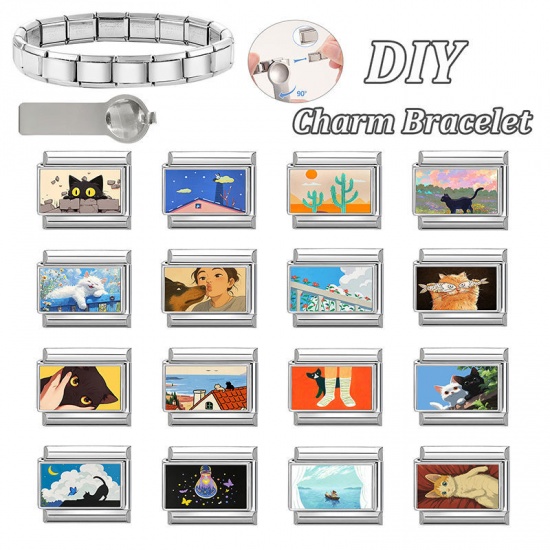 Picture of 1 Piece 304 Stainless Steel Italian Charm Links For DIY Modular Bracelet Watch Jewelry Making Wholesale Silver Tone White Rectangle Cat 10mm x 9mm
