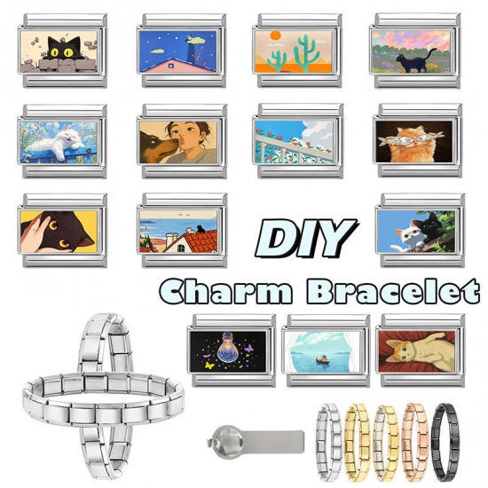 Picture of 1 Piece 304 Stainless Steel Italian Charm Links For DIY Modular Bracelet Watch Jewelry Making Wholesale Silver Tone White Rectangle Cat 10mm x 9mm