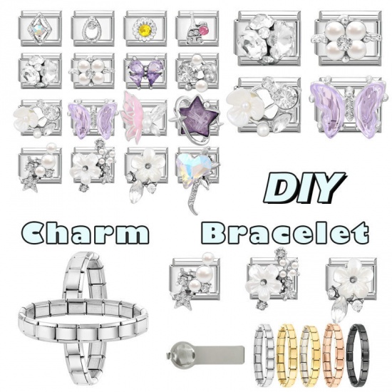 Picture of 1 Piece 304 Stainless Steel & Zinc Based Alloy Italian Charm Links For DIY Modular Bracelet Watch Jewelry Making Wholesale Silver Tone Rectangle Rhombus 10mm x 9mm