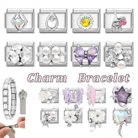 Picture of 1 Piece 304 Stainless Steel & Zinc Based Alloy Italian Charm Links For DIY Modular Bracelet Watch Jewelry Making Wholesale Silver Tone Rectangle Rhombus 10mm x 9mm