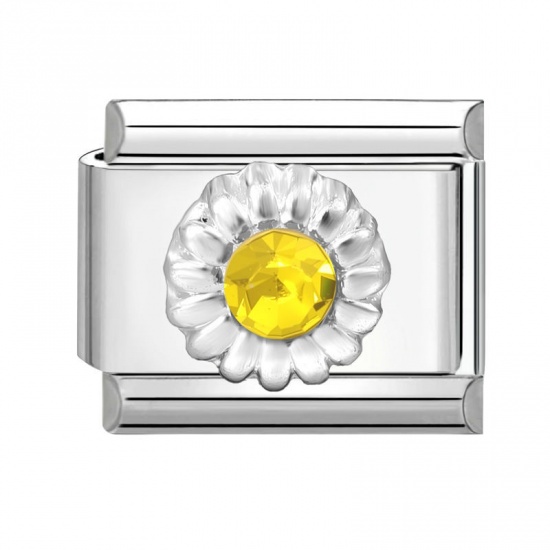 Picture of 1 Piece 304 Stainless Steel & Zinc Based Alloy Italian Charm Links For DIY Modular Bracelet Watch Jewelry Making Wholesale Silver Tone Rectangle Flower Yellow Rhinestone 10mm x 9mm