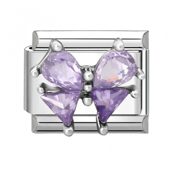 Picture of 1 Piece 304 Stainless Steel & Zinc Based Alloy Italian Charm Links For DIY Modular Bracelet Watch Jewelry Making Wholesale Silver Tone Rectangle Bowknot Purple Rhinestone 10mm x 9mm