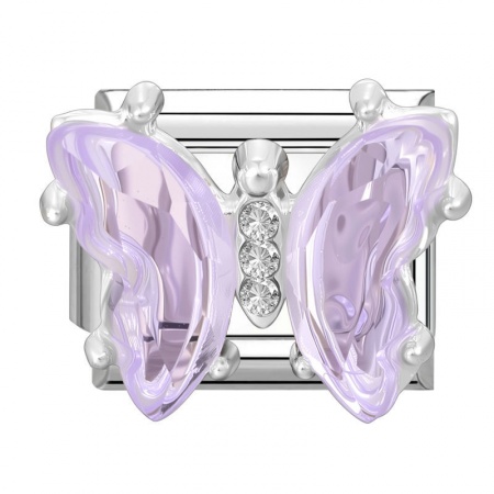 Picture of 1 Piece 304 Stainless Steel & Zinc Based Alloy Italian Charm Links For DIY Modular Bracelet Watch Jewelry Making Wholesale Silver Tone Rectangle Butterfly Purple Rhinestone 10mm x 9mm