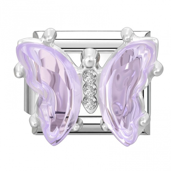 Picture of 1 Piece 304 Stainless Steel & Zinc Based Alloy Italian Charm Links For DIY Modular Bracelet Watch Jewelry Making Wholesale Silver Tone Rectangle Butterfly Purple Rhinestone 10mm x 9mm