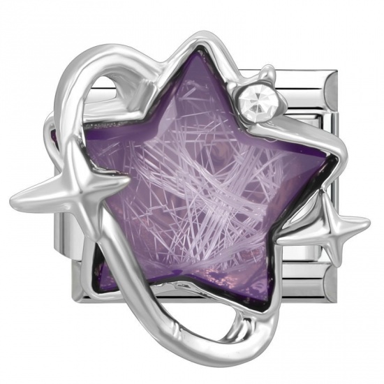 Picture of 1 Piece 304 Stainless Steel & Zinc Based Alloy Italian Charm Links For DIY Modular Bracelet Watch Jewelry Making Wholesale Silver Tone Rectangle Pentagram Star Purple Rhinestone 10mm x 9mm