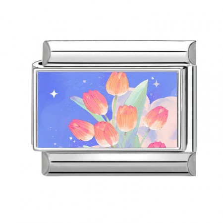 Picture of 1 Piece 304 Stainless Steel Italian Charm Links For DIY Modular Bracelet Watch Jewelry Making Wholesale Silver Tone Multicolor Rectangle Tulip Flower 10mm x 9mm
