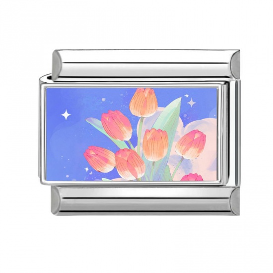 Picture of 1 Piece 304 Stainless Steel Italian Charm Links For DIY Modular Bracelet Watch Jewelry Making Wholesale Silver Tone Multicolor Rectangle Tulip Flower 10mm x 9mm