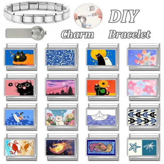 Picture of 1 Piece 304 Stainless Steel Italian Charm Links For DIY Modular Bracelet Watch Jewelry Making Wholesale Silver Tone Multicolor Rectangle Tulip Flower 10mm x 9mm