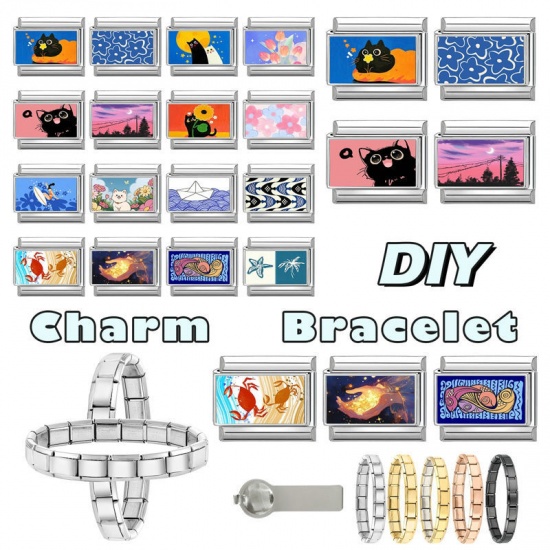 Picture of 1 Piece 304 Stainless Steel Italian Charm Links For DIY Modular Bracelet Watch Jewelry Making Wholesale Silver Tone Multicolor Rectangle Tulip Flower 10mm x 9mm